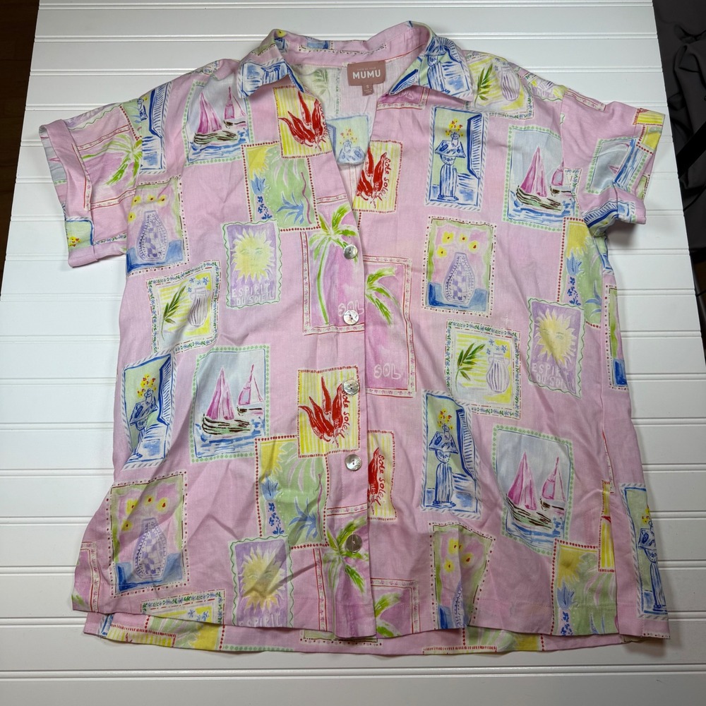 Show Me Your Mumu Parker‎ Button Down Small Pink Summer Soleil Linen Top Flaw